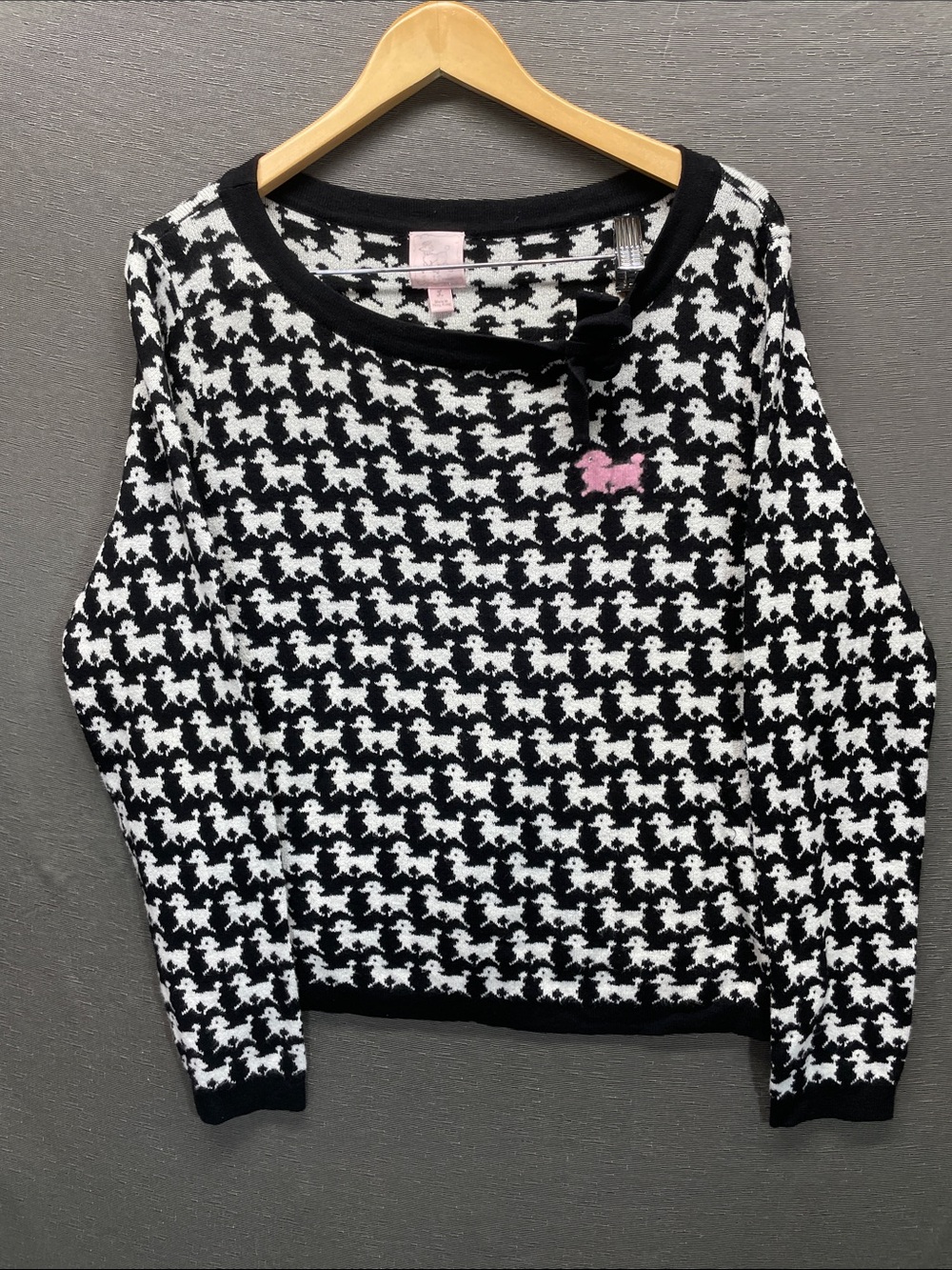 Pink Poodle Black & White Houndstooth Crewneck Sweater with Pink Accent